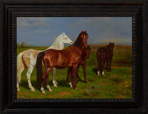 Alexandre Clarys (1857-1920), "Horses in a Green Field," early 20th c., oil on canvas, signed lower left, presented in an ebonized frame, H.- 19 in., 