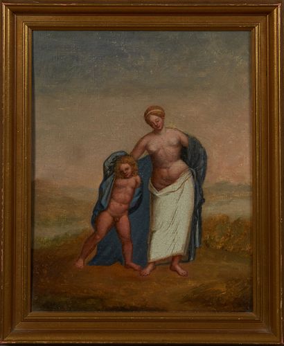 Continental School, "Portrait of a Draped Woman and Child," 19th c., oil on canvas, presented in a gilt frame, H.- 13 1/2 in., W.- 10 1/4 in. Provenan