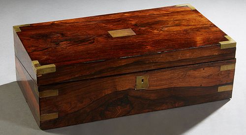 English Carved Rosewood Campaign Style Lap Desk, late 19th c, with brass bound corners, the interior with a gilt tooled leather writing surface over o
