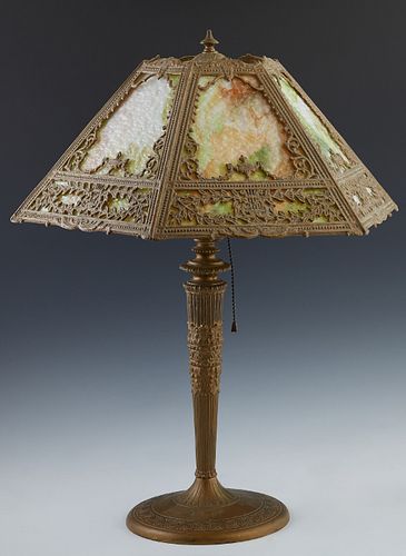 American Patinated Spelter and Cast Iron Slag Glass Table Lamp, early 20th c., by the Miller Lamp Co., Meriden, CT., the sloping hexagonal slag glass 