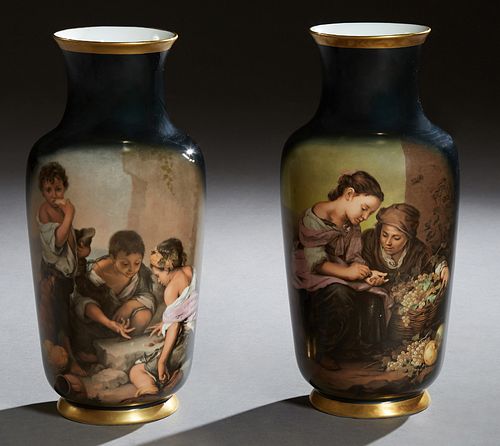 Pair of Large German Ceramic Baluster Vases, 20th c., of tapering form, the undersides marked "RPM and Germany," one side with transfer decoration of 