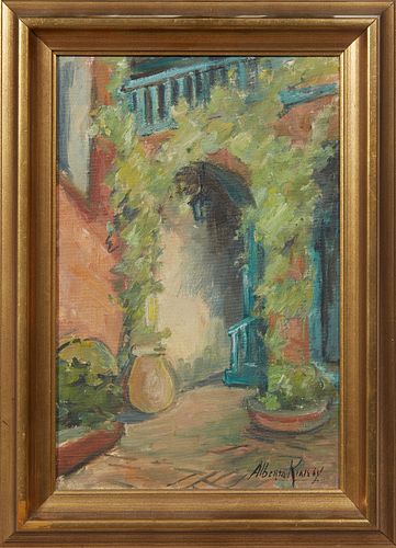 Alberta Kinsey (1875-1952, New Orleans), "Her Patio, 823 Royal St.," 1934, oil on masonite, signed lower right, presented in a gilt frame, titled and 