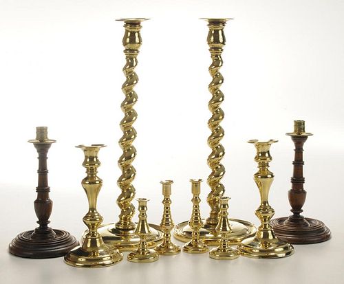Pair Turned Oak and Brass Candlesticks