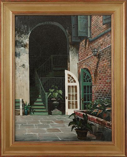 James Kendrick III (1946-2013, New Orleans, Louisiana), "Brulatour Courtyard", 1978, oil on canvas, signed and dated lower right, presented in a gilt 