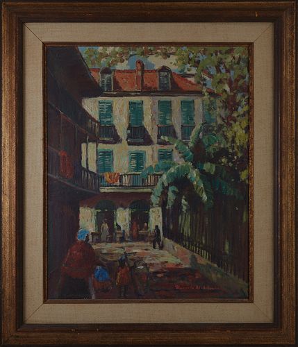 Knute Heldner (1877-1952, New Orleans), "Pirate's Alley, Old New Orleans," 20th c., oil on board, signed lower right, presented in a gilt frame with a