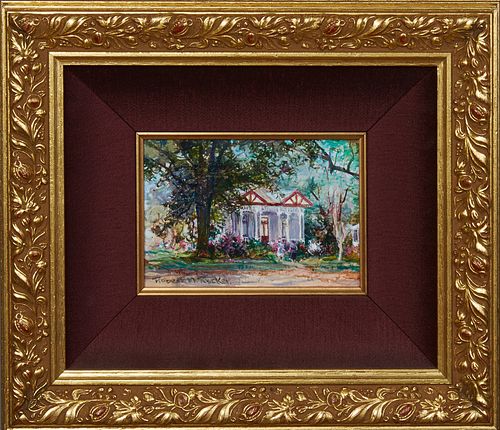 Robert M. Rucker (1932-2001), "Country House," 20th c., oil on board, signed lower left, presented in a gilt frame with a linen liner, H.- 4 3/8 in., 