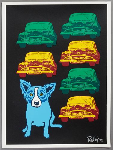 George Rodrigue (1944-2013, Louisiana), "Junkyard Dog," 1993, silkscreen, 46/90, silver pen signed and numbered lower right, shrink wrapped, H.- 35 1/