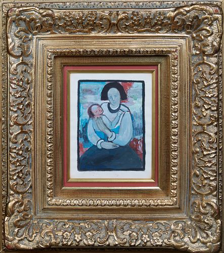 Emrson Bell (1931-2006, Louisiana), "Mother and Child," 1979, mixed media, signed and dated lower left, presented in an ornate gilt and gesso shadowbo