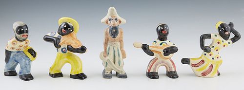 Group of Five Shearwater Pottery Figures, 20th c., consisting of a bearded pirate, a black man with a basket, a black man with a banjo, a black dancin