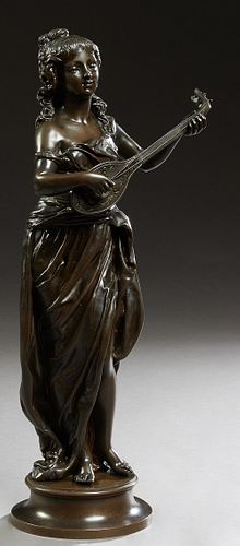 Emile Laporte (1858-1907, French), "Joyeuse de Mandoline," 19th c., patinated bronze, signed proper left top of the integral base, H.- 20 1/2 in., W.-