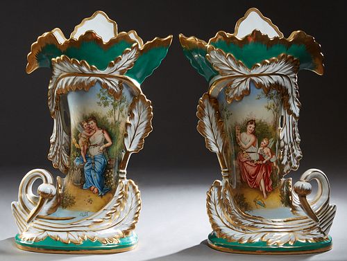 Monumental Pair of Old Paris Style Porcelain Flare Vases, 20th c., with gilt relief decoration on an apple green ground, with reserved of a cupid and 