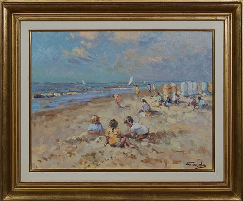 Niek Van Der Plas (1954-, Dutch), "A Day at the Beach," 20th c., oil on panel, signed lower right, presented in a gilt frame with a gilt edge polychro