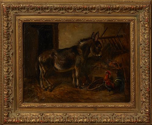 Anton Hochstein (1832-1909, American), "Animals in the Barn," late 19th c., oil on canvas, signed lower right, presented in a wide gilt and gesso fram