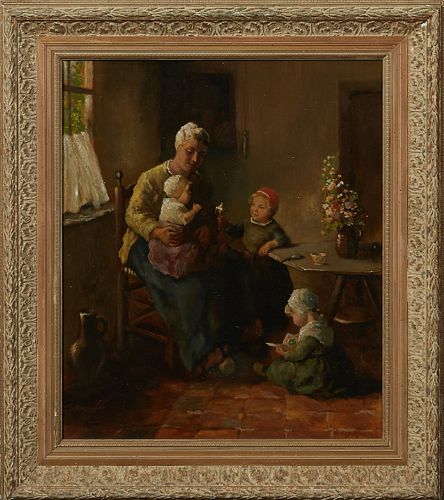 Evert Jan Ligtelijn (1893-1975, Dutch), "Interior with Mother and Children," 20th c., oil on panel, signed lower right, presented in a polychromed gil
