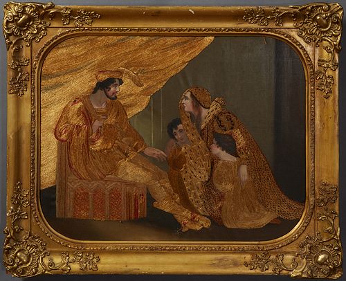 Rare Continental School, "Mother and Children Before the King," 19th c., multi-media, oil on silk, with thread decoration, presented in a period gilt 