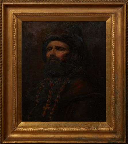 American School, "Portrait of a Robed Cleric," 19th c., oil on canvas, unsigned, presented in a wide gilt and gesso frame, H.- 23 3/8 in., W.- 19 1/2 