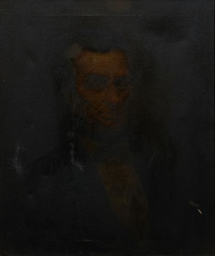 American School, "Abraham Lincoln," 19th c., oil on canvas, presented in a wide carved polychromed frame, H.- 23 1/2 in., W.- 19 1/2 in. Provenance: f