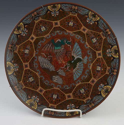 Outstanding Japanese Cloisonné Circular Charger, 19thc., with bat and floral decorated goldstone panels, H.- 1 in., Dia.- 12 1/4 in. Provenance: from 