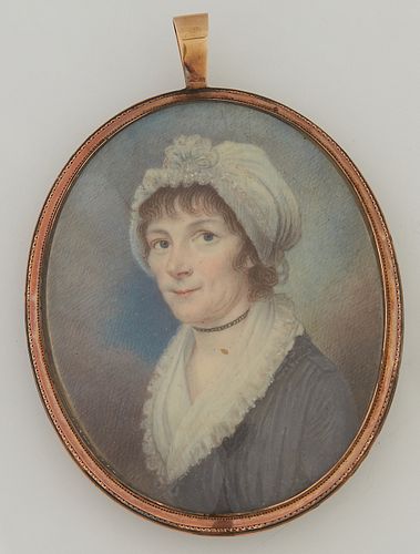 French Portrait Miniature on Ivory, 18th c., of a lady in a bonnet, unsigned, possibly Andrew Plimer or Richard Cosway, in an oval 14K yellow gold pen