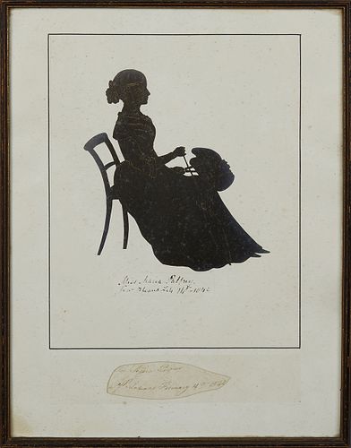 New Orleans Hand Painted Silhouette of a Seated Woman with a Parasol, inscribed "Miss Maria Palfrey, New Orleans, Feb 14, 1844," oil on paper with tra
