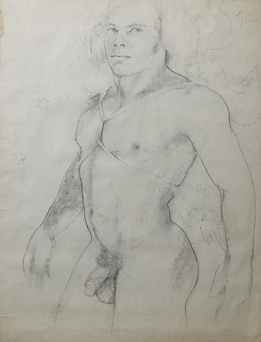 George Valentine Dureau (1930-2014, New Orleans), "Standing Male Nude,," 20th c., charcoal, unsigned, shrink wrapped, H.- 45 1/2 in., W.- 35 in.