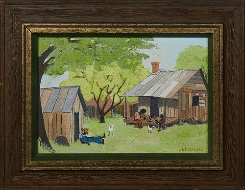 Jack Meyers (1930-1994, Louisiana), "Chickens in the Yard," 20th c., oil on board, signed lower right, presented in a mahogany frame, H.- 4 1/2 in., W