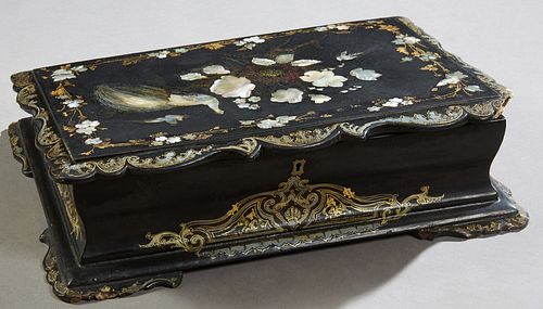 English Papier Mache Mother-of-Pearl Inlaid Gilt Decorated Lap Desk, c. 1880, the slanted scalloped edge lid opening to an interior with a velvet line
