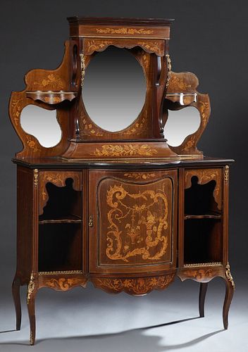 English Ormolu Mounted Marquetry Inlaid Mahogany Parlor Cabinet, c. 1900, with a stepped crown over an oval beveled mirror flanked by supports and she