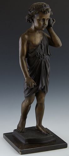 After Auguste Moreau (1861-1906), "Boy With a Seashell," late 20th c., patinated bronze, on a figured black marble base, H.- 22 1/4 in., W.- 10 in., D