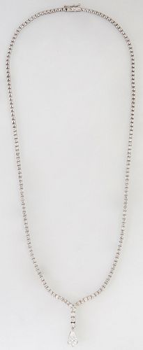 14k White Gold Tennis Necklace, each side with white gold links transitioning to 100 round diamond mounted links, flanking a center with four diamond 