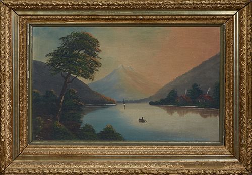 Continental School, "Boater on a Mountain Lake," 1892, oil on canvas, signed in monogram "GHH," and dated lower right, presented in a wide stepped gil