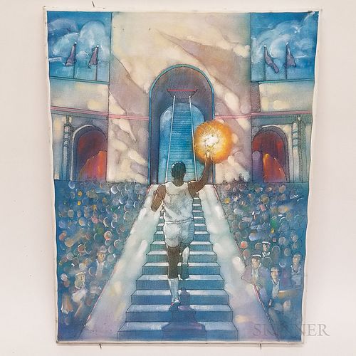 Oil on Canvas of the 1984 Los Angeles Olympics Torch Lighting