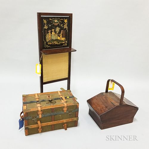 Mahogany Handled Sewing Box, Firescreen, and a Leather-bound Trunk