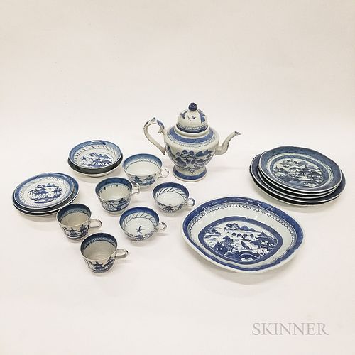Eighteen Pieces of Canton Blue and White Porcelain Tableware.