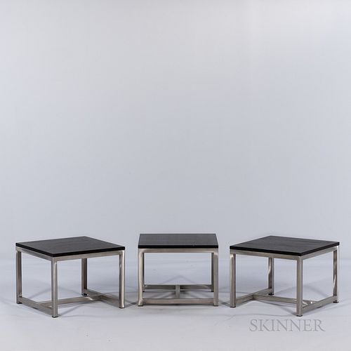 Three Oak and Steel Side Tables