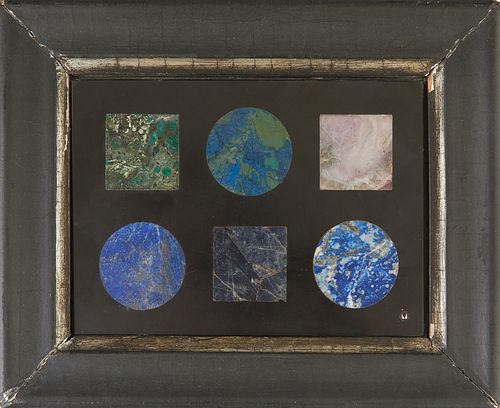 Richard Blow (1904-1983, New York), "Geometric Shapes in Multiple Stones," 1968, pietra dura plaque, signed and dated verso, and placed at "Montici," 
