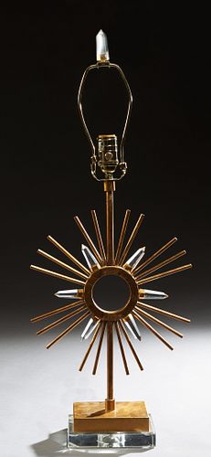 Contemporary Gilt Iron and Crystal "Starburst" Lamp, 20th c, the iron rods separated by six crystal points, on an integral iron base on a lucite plint