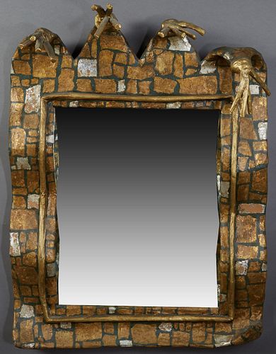 Unusual Contemporary Papier Mache Mirror, 20th c., the overhanging crown with four 4 finger "hands," over a rectangular plate within undulating sides,