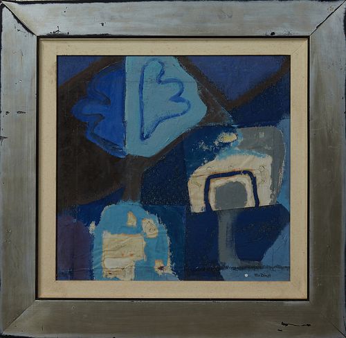 Hendrika Antonia Van Dienst (1948-, Dutch), "Blue Abstract," 20th c., mixed media, signed lower right, verso with a biography of the artist, presented