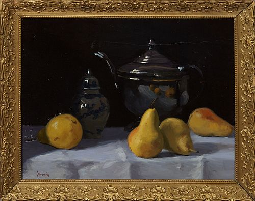 Dennis Perrin (1950- , Louisiana), "Still Life of Pears and a Teapot," 20th c., oil on canvas, signed lower left, presented in a gilt and gesso frame,