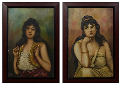 Continental School, "Dark Haired Beauties," 20th c., pair of oils on canvas, presented in polychromed and ebonized frames, H.- 27 in., W.- 17 1/2 in. 
