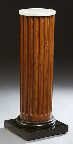 American Carved Cypress Marble Top Pedestal, late 19th c., the later circular white marble on a fluted column support, to a tapered socle, on a square