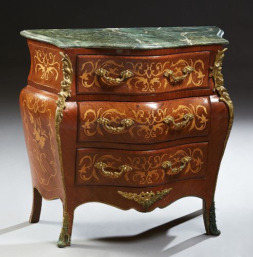 Louis XV Style Marquetry Inlaid Ormolu Mounted Carved Mahogany Bombe Commode, 20th c., the stepped ogee edge shaped highly figured green marble, over 