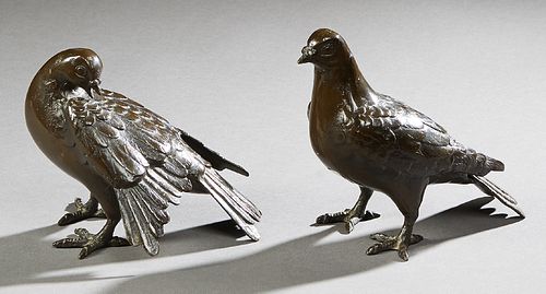 Pair of Japanese Cast Iron Bronze Patinated Pigeon Figures, 20th c., Taller- H.- 6 3/4 in., W.- 4 in., D.- 7 in. Provenance: The Estate of Paul Blaum,