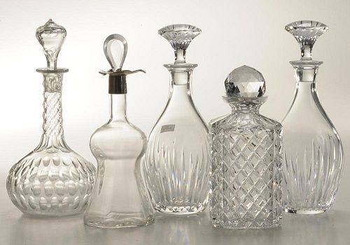 Five Clear Cut Crystal Decanters