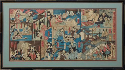 Japanese School, "Scenes with Actors," early 20th c, signed with a chop mark lower right, presented in a gilt highlighted faux bamboo frame, H.- 13 1/