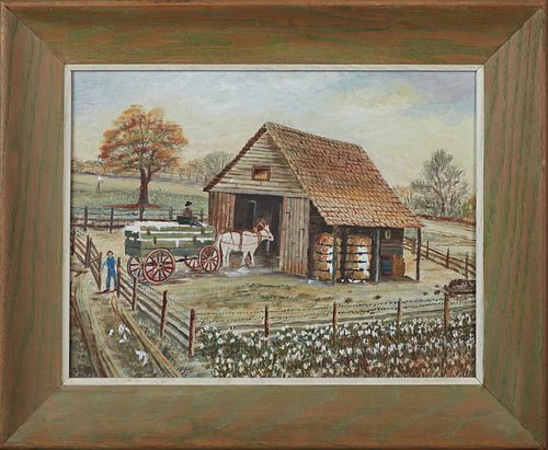 Rhoda Brady Stokes (1901-1988, Louisiana), "Cotton Wagon Going Into the Barn," 1973, oil on masonite, signed and dated lower left, presented in a gree