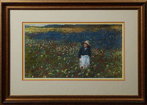 Donny Finley (1951-, Alabama), "Old Woman in a Field of Flowers," 20th c., watercolor, signed lower right, with a suffix of "AWS," presented in a gilt