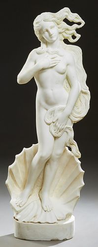 After Botticelli, "The Birth of Venus," 20th c., carved marble sculpture, on an integral oval base, H.- 57 1/2 in., W.- 20 1/2 in., D.- 8 1/2 in. Prov