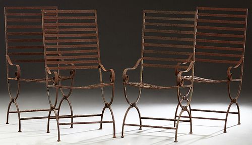 Set of Four Cast Iron Highback Garden Chairs, 21st c., the horizontal slatted backs over iron strapwork seats flanked by scrolled arms, H.- 44 1/4 in.